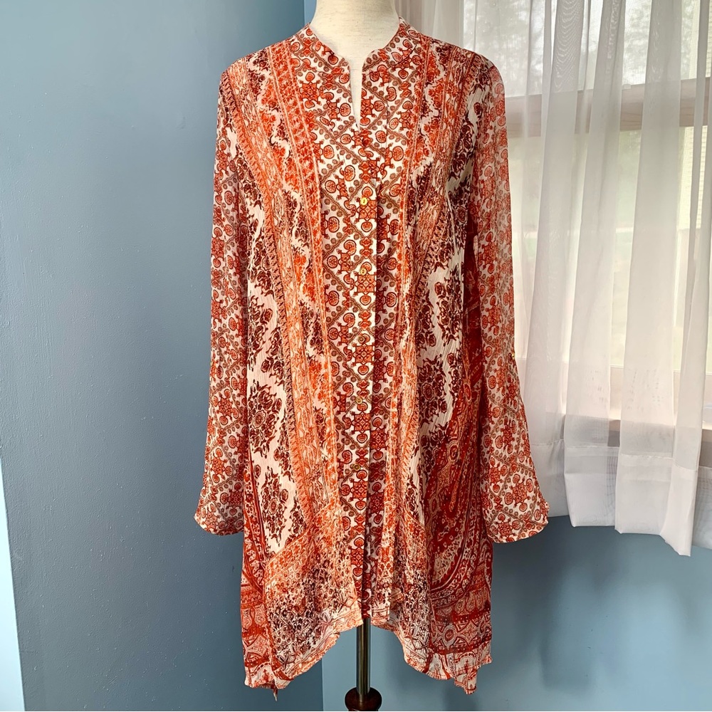 Soft Surroundings Orange Printed Button Down Tunic with Sheer Overlay